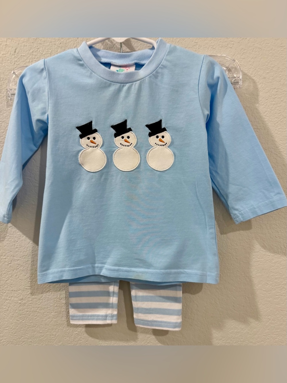 Stitchy Fish Snowmen Blue White Striped Two-Piece Christmas Holiday Set 12 Month